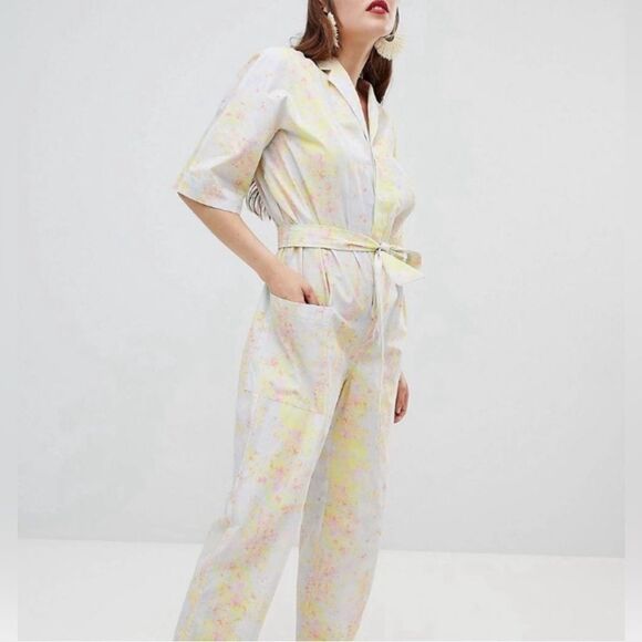 Mango Committed Collection Organic Cotton Printed Belted Jumpsuit Size 8 - Picture 1 of 11